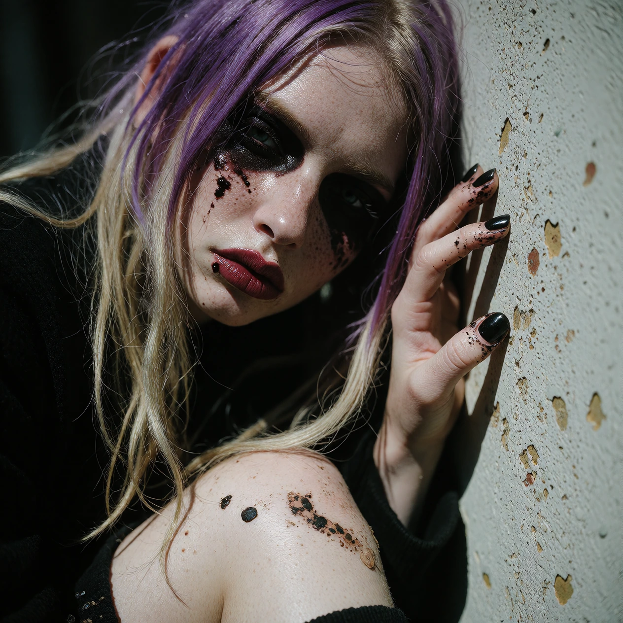 A strikingly beautiful young woman. Irish type. Long, messy, purple hair. Dark eyeliner. matte black finger nails and toe nails. The overall look feels expressive and bold, yet elegant and wellacomposed. lips are a muted wineared. dirty blonde ha