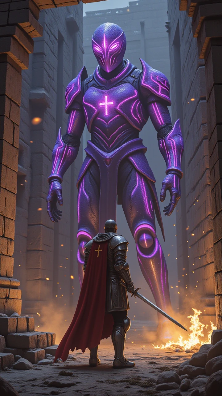 Medieval crusader in gleaming full plate armor with red cross tabard, weathered face etched with determination, standing in dramatic confrontation, futuristic alien warrior with bioluminescent chitinous exoskeleton glowing electric blue and violet, c