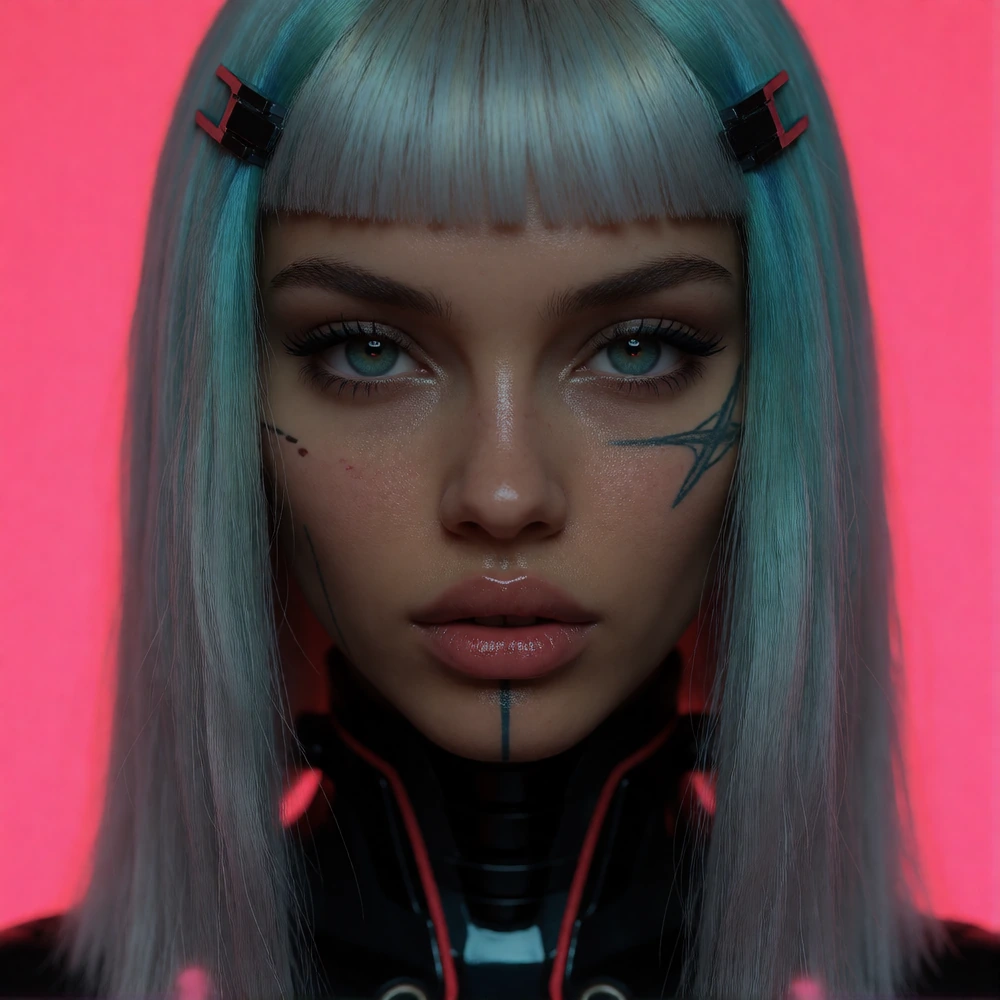 beautiful woman cyberpunk ombre teal and grey hair, albino, Egyptian, Alaskan mix, stark pink background, close up, extreme detail
