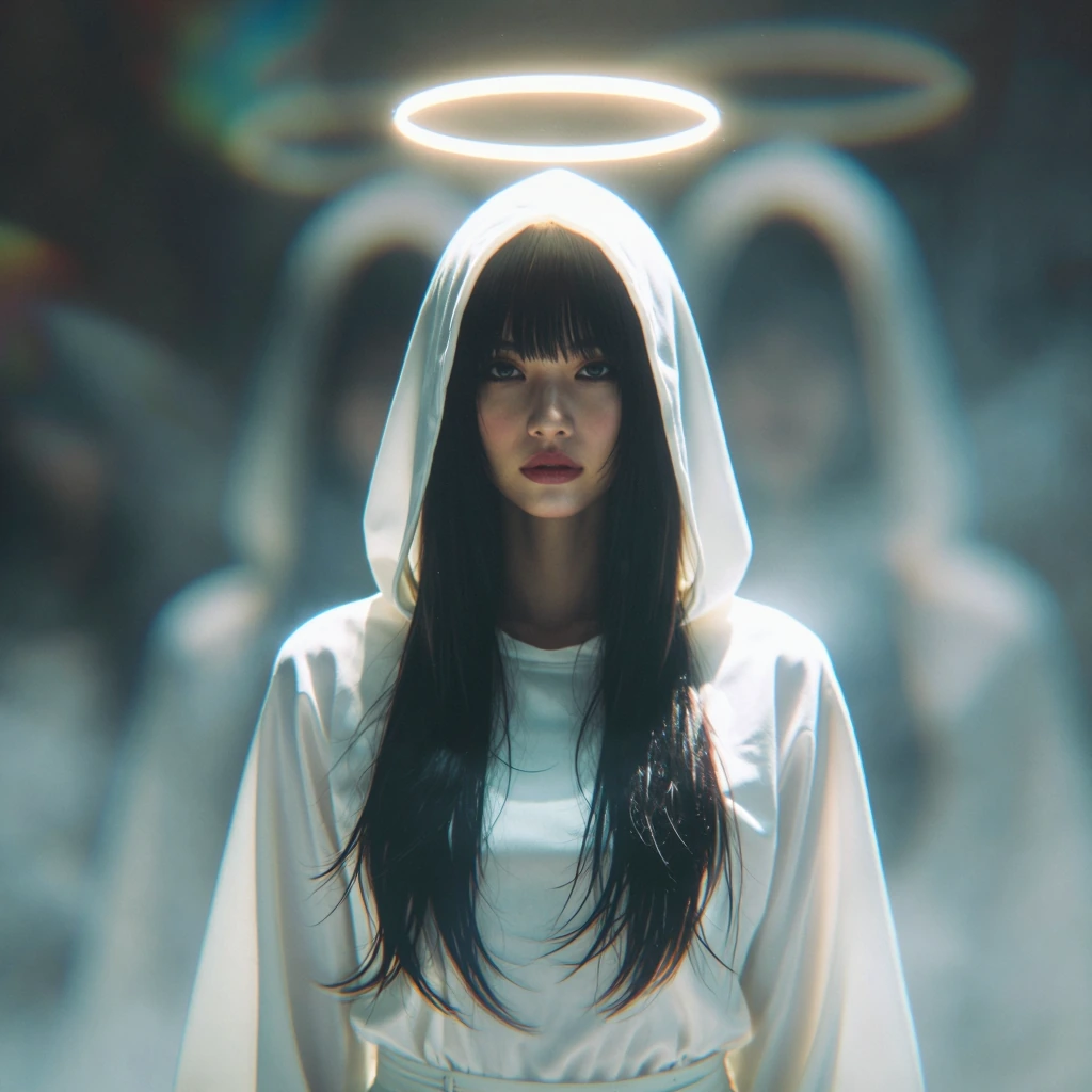 cinematic photo, a mysterious person in a white hooded outfit with a glowing halo above their head, surreal atmosphere, digital glitch effects, dreamy cinematic lighting, ethereal distortion, cyber spiritual theme, analog haze and color aberration, h
