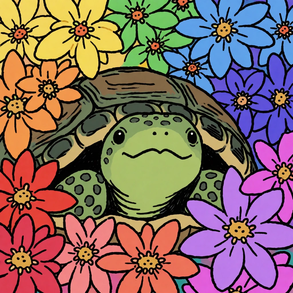 A turtle hiding in flowers. Rainbow colors, flat illustration with thick ink lines. Artsy.