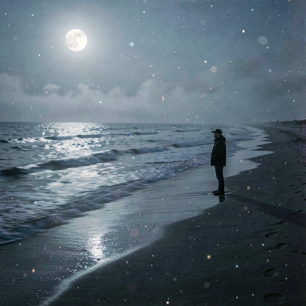 A solitary figure stands on a desolate shoreline at 3am, bathed in silver-blue moonlight that transforms the landscape into an otherworldly realm. The full moon hangs low and luminous, casting mercurial reflections across gentle waves that break with