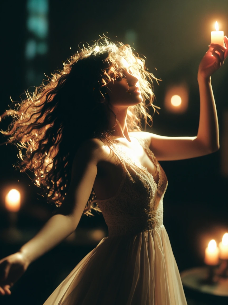 The music was only hers. Zara — voluminous curly hair fanning, lace slip dress, warm golden skin luminous in candlelight, arms loosely raised, expression soft and blissful. Film grain heavy. Shadows deep. Still somehow the brightest thing in the room