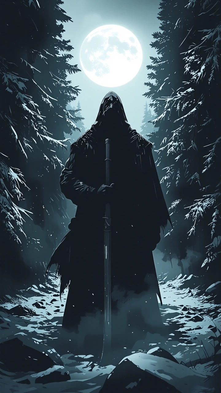 Dark, ominous snowy forest at night, centered composition: a solitary hooded cloaked figure fully shrouded in shadow, face obscured, holding a large menacing scythe with a long handle and curved blade; tall dense pine trees coated in snow forming a n