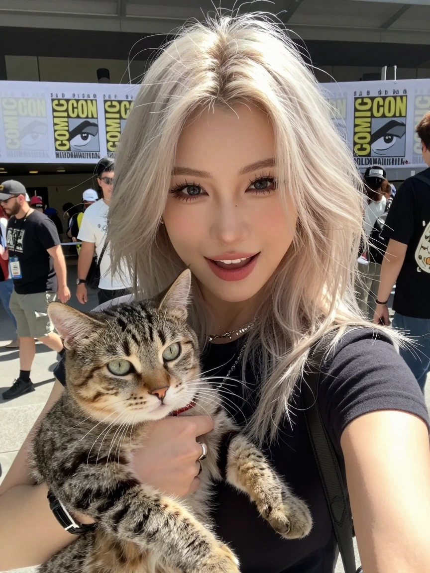 Crazy girlfriend platinum tan hair taking a selfie with her cat at Comic-con on a hot day