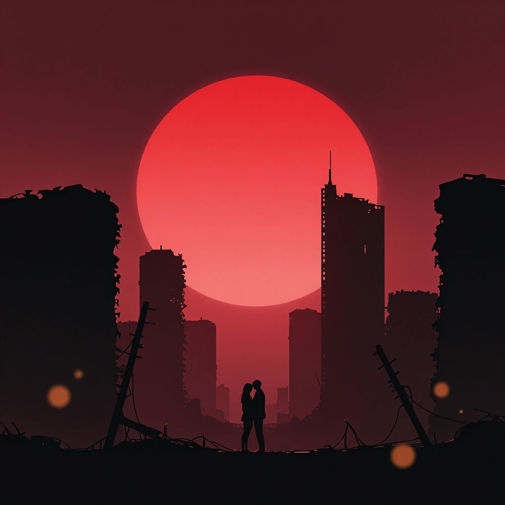 Dark anime aesthetic, digital illustration. Wide shot of a ruined post-apocalyptic cityscape with silhouettes of destroyed skyscrapers and broken, tangled utility poles in the immediate foreground. A massive, glowing blood-red sun dominates the cente