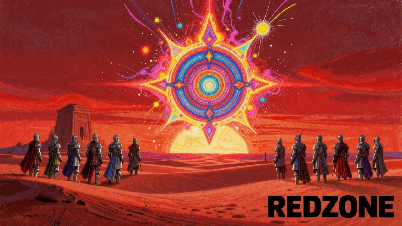 red sunset over the desert, movie poster, REDZONE in bold letters at the bottom right corner, reds and complimentary colors only