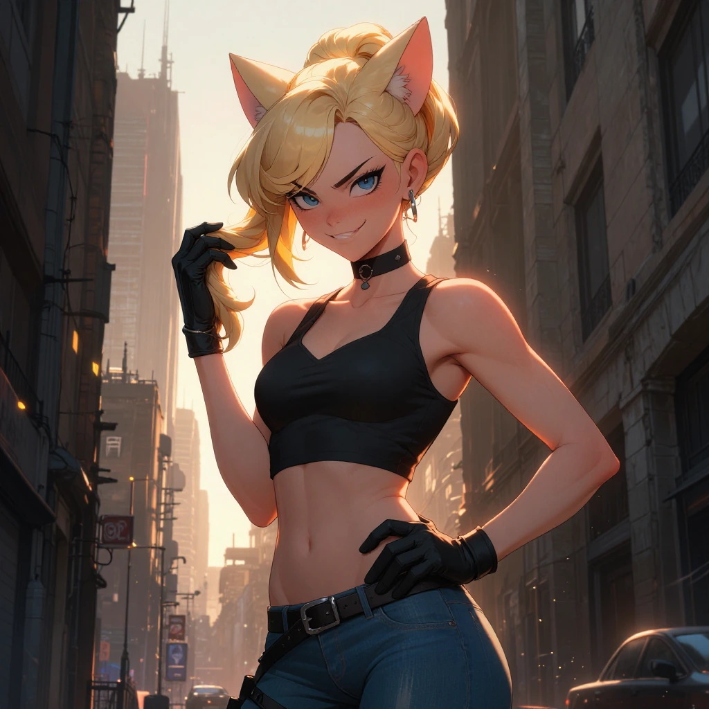 blonde anime cat-woman with sharp blue eyes and black choker, confident smirk, standing in an urban canyon at golden hour, black crop top hugging her 