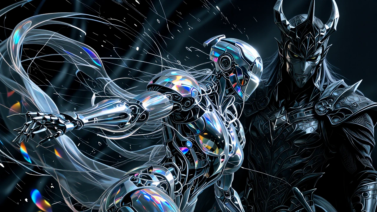 Photorealistic Sleek Cyborg soldier sent back in time to confront the evil lord Mordred of Arthurian legend.