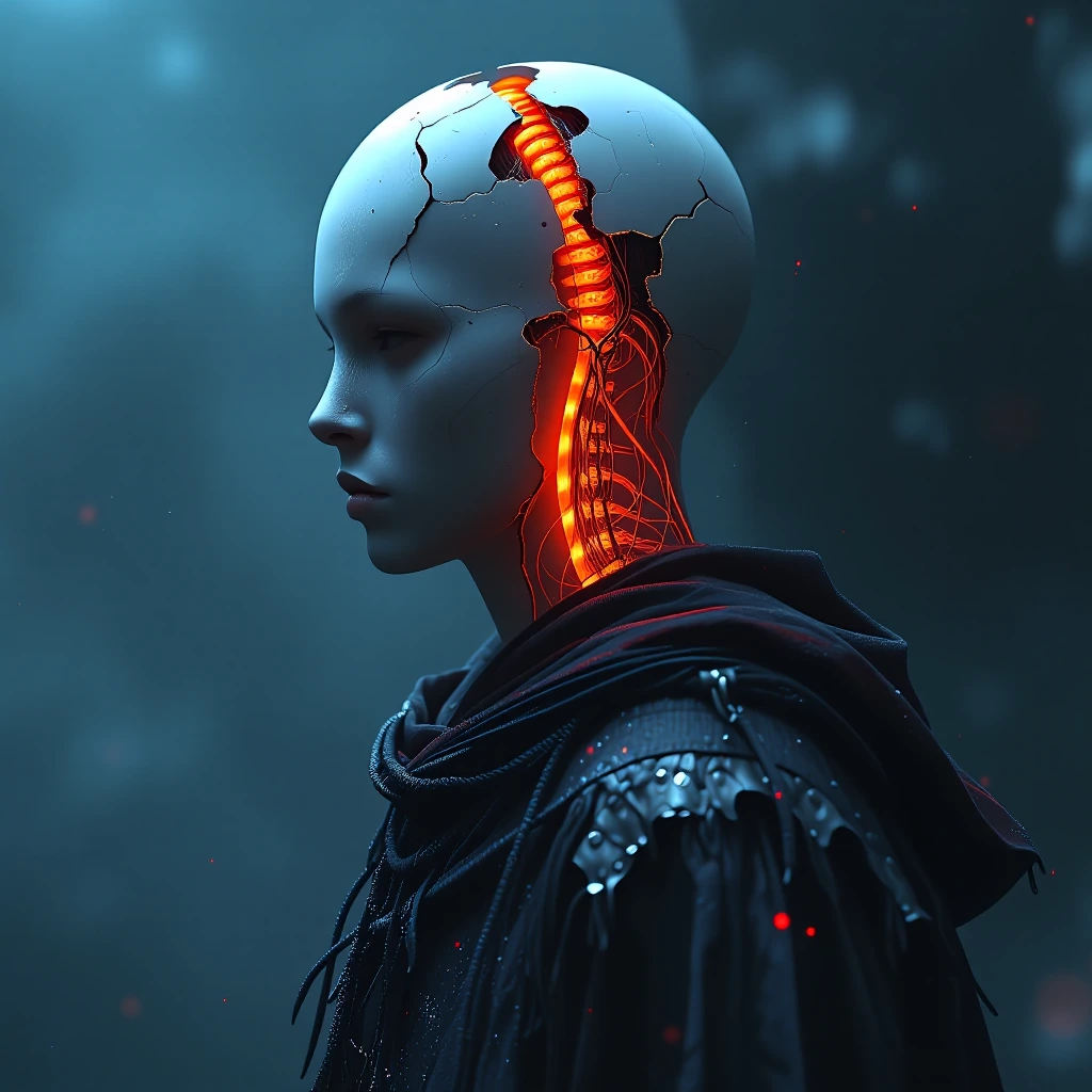 A cinematic portrait of a humanoid entity with no face, only a smooth matte surface cracked open vertically, revealing a glowing internal spine made o