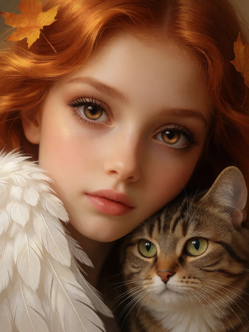 Closeup Beautiful Autumn Angel, bronze eyes, Tachisme style, with a cat, angel wings