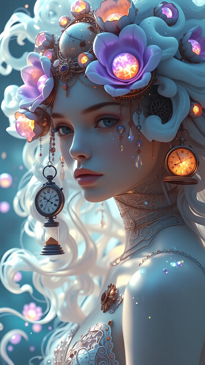 A surreal dreamcore portrait of a woman with pale opalescent skin and flowing hair that dissolves into swirling nebula clouds, her eyes twin moons glowing soft lavender. Crystalline tears drip upward, defying gravity, each one containing a tiny galax