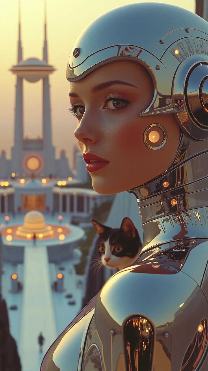 A dreamlike futuristic scene inspired by classic sci-fi: a beautiful woman robot or cyborg in the foreground, seen in a close-up three-quarter portrait, elegant and serene, with subtle metallic skin details, luminous eyes, and refined futuristic desi