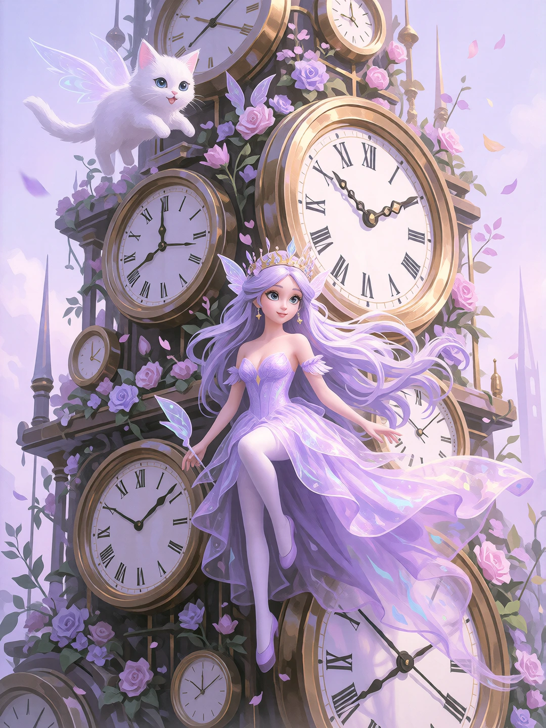a tower built from borrowed clocks. A beautiful lavender fairy and her flying cat.