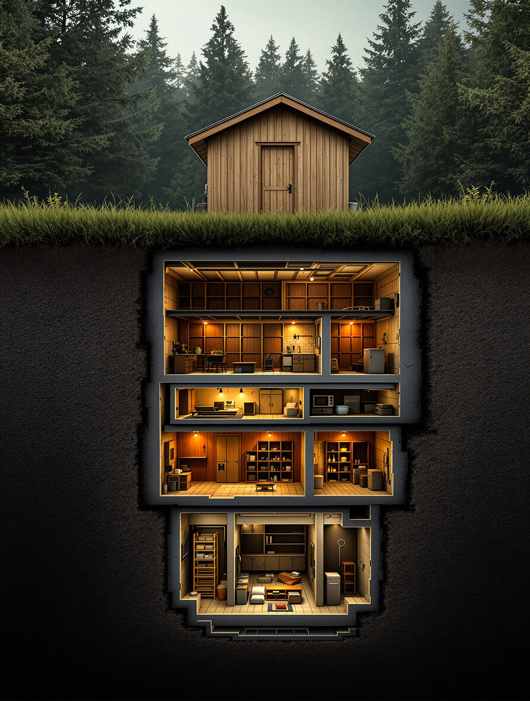 Cross-section illustration of an unassuming wooden outhouse on a grassy field surrounded by dense forest, with a cutaway view revealing multiple underground bunker levels below. Top level shows the outhouse structure. Below are distinct sections: liv