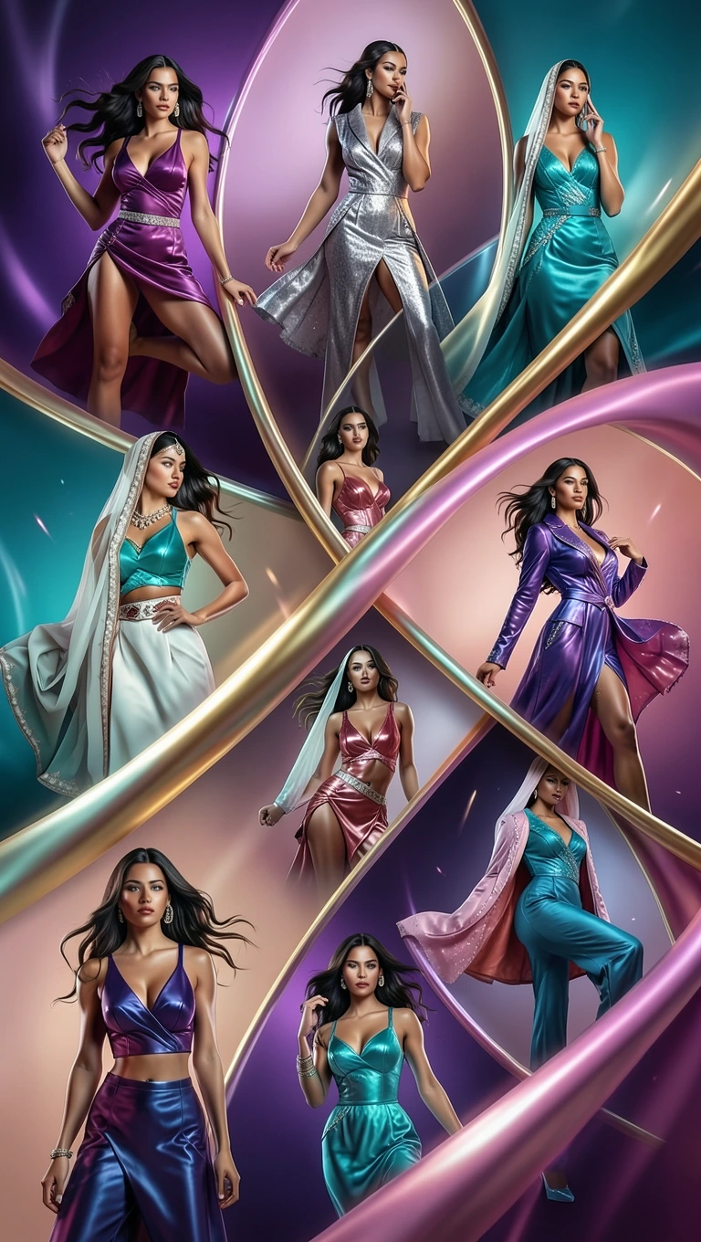 Create a futuristic square fashion composition where photos appear embedded inside flowing ribbon-like curves crossing the canvas. Multiple stylish women in different poses and colorful outfits. Rich gradients of purple, turquoise, gold, and blush pi