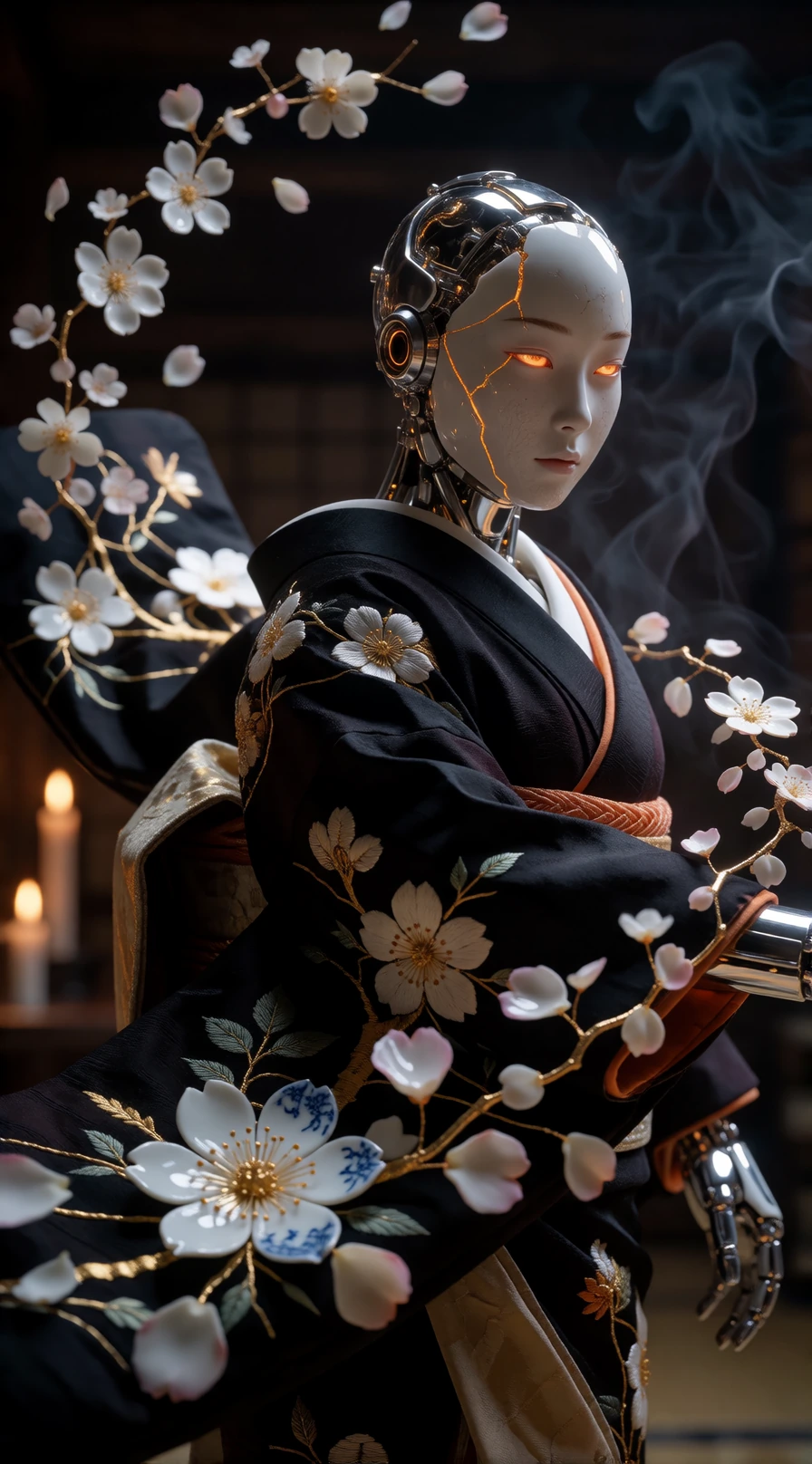 Subject & Aesthetic ​A cinematic, hyper-realistic masterpiece of a high-tech Geisha Automaton captured mid-performance. She is a fusion of ancient art