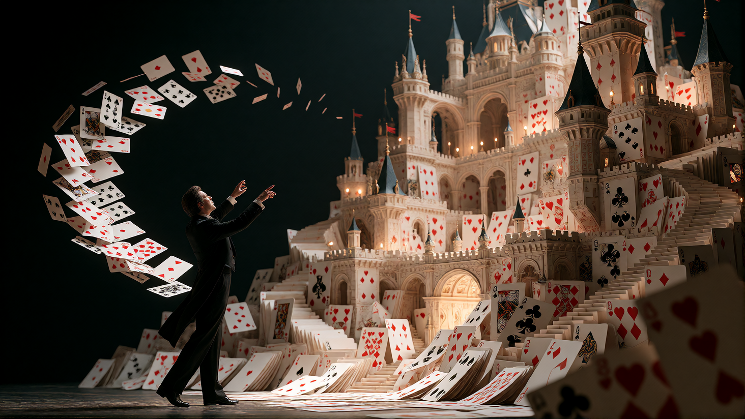 A magician in a dark tailored tailcoat stands on a shadowy theater stage, hands raised mid-gesture, conducting a spiraling ribbon of playing cards that swirl through the air beside him. In front of him rises an elaborate, impossible castle built enti