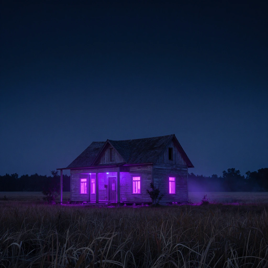 old farmhouse at night, long shot across a vast field, purple neon glow emanating from the windows, atmospheric haze, dark rural landscape, cinematic lighting, contrast between purple neon and cool night tones, isolated atmosphere, weathered wood str