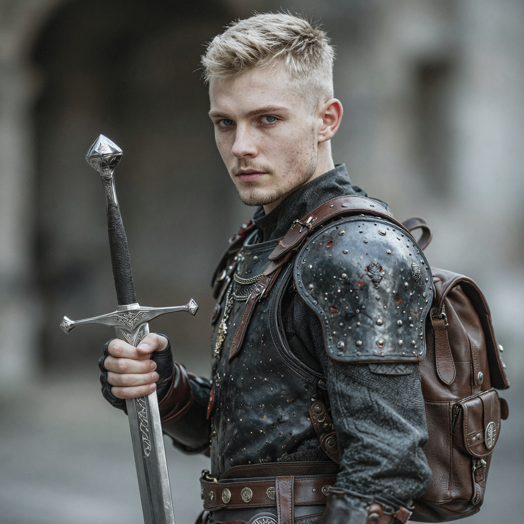 Photorealistic 20 year old youthful blonde warrior (blue eyes, designer stubble merging with shaved sides), dressed in sturdy leather armour without a