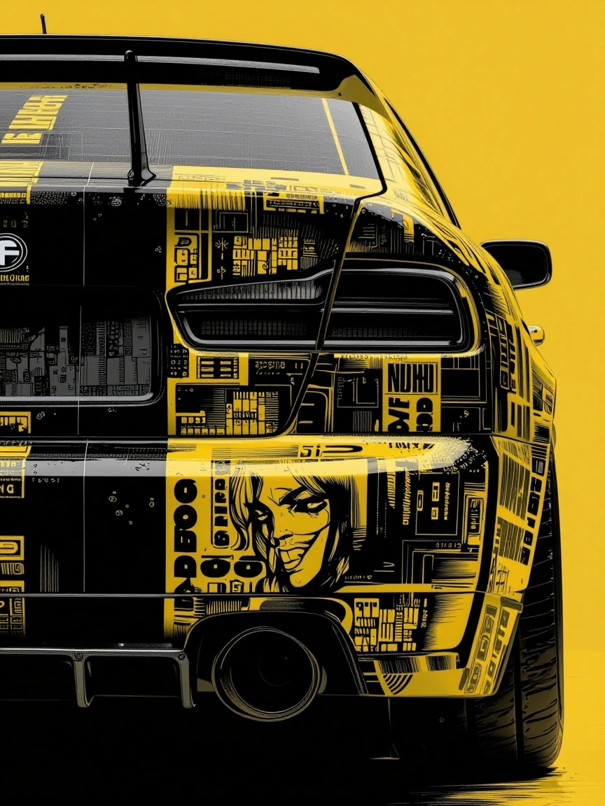 A close-up of the rear part of a real-world modified car, featuring dual concept art, utilizing a style that combines American comics and prints, with a yellow and black color scheme on a yellow background