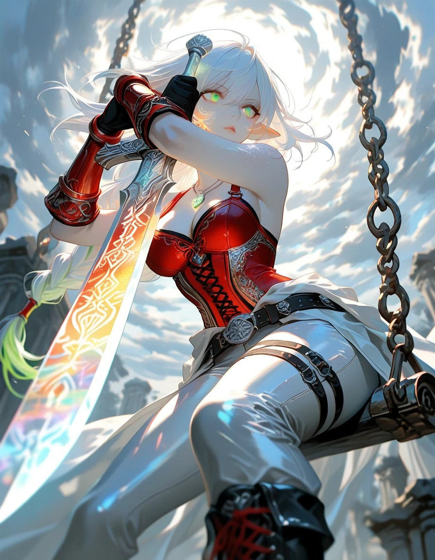 Young female elf warrior, very pale porcelain skin, slight pointed elf ears subtly visible through hair, slender yet athletic build, emphasizing agility and strength, with defined muscles in her arms and torso from wielding weapons. Sharp facial feat