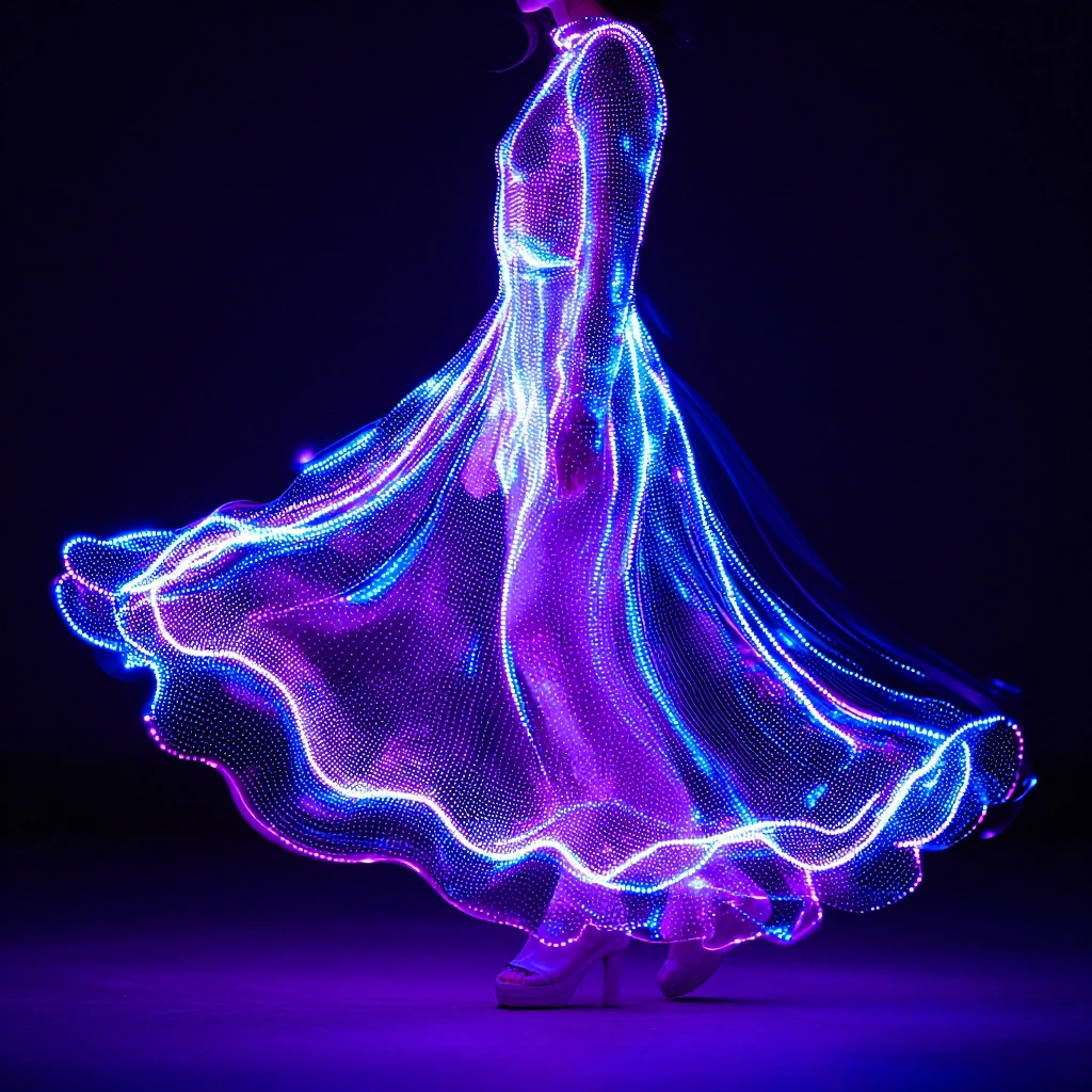 A figure wearing a floor-length gown constructed entirely from thousands of programmable micro-LEDs in ultraviolet, violet, and electric blue, arranged in undulating wave patterns that suggest liquid motion frozen mid-flow. The lights pulse and shift