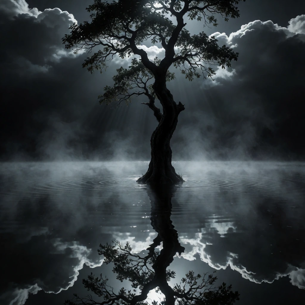 A gnarled tree stands centered in mirror-still water under a black sky, its dark silhouette sharply defined. Hard light from above carves deep shadows into the trunk while catching the edges of dense clouds. The water reflects everything in perfect i