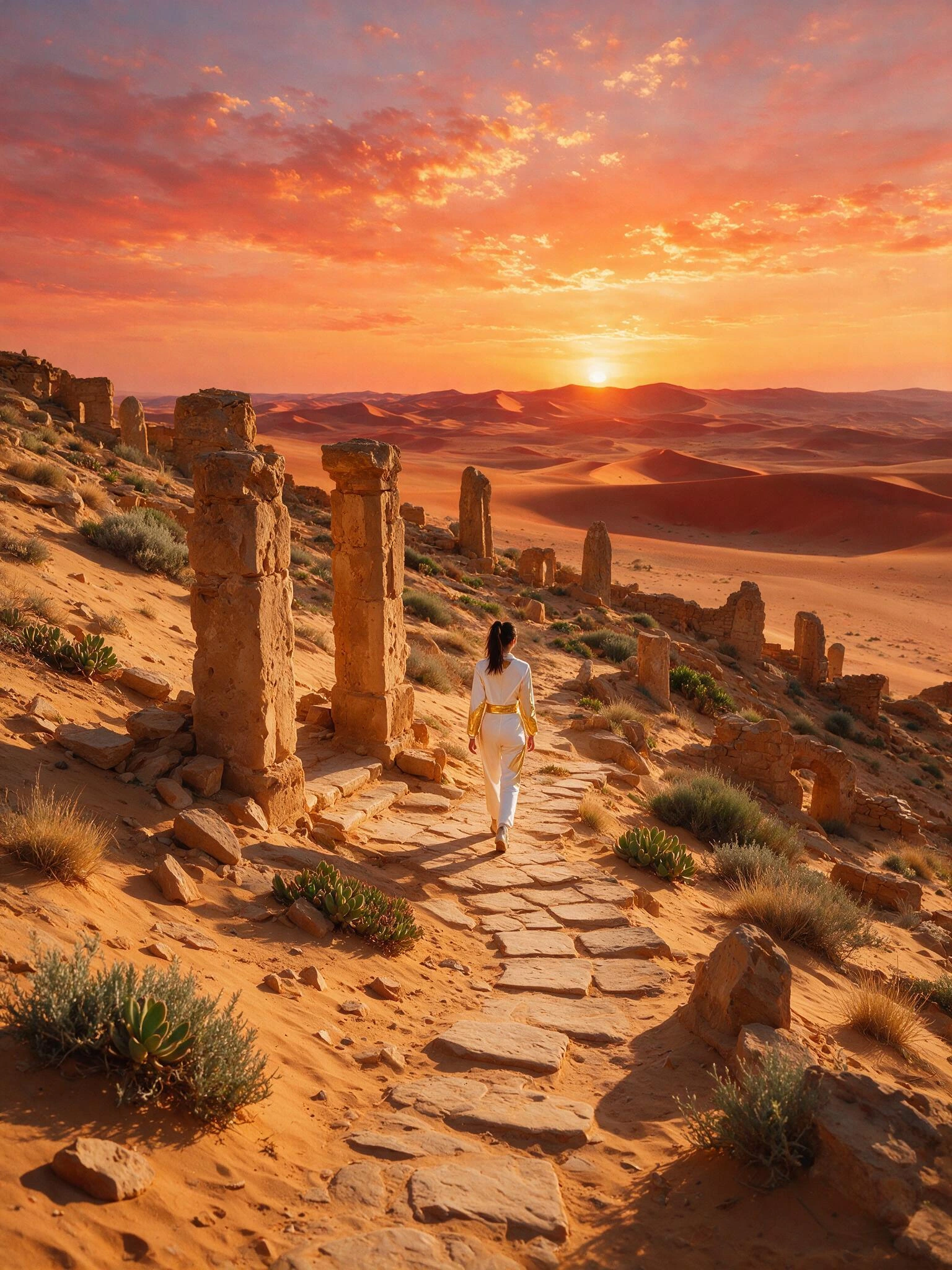 Day 2 — Lost Places, A forgotten doorway still remembers your footsteps; Slender young woman with a dark high ponytail wearing a sleek White & Gold modern outfit with her back to the camera explores a stone pathway in a series of ancient ruins in the