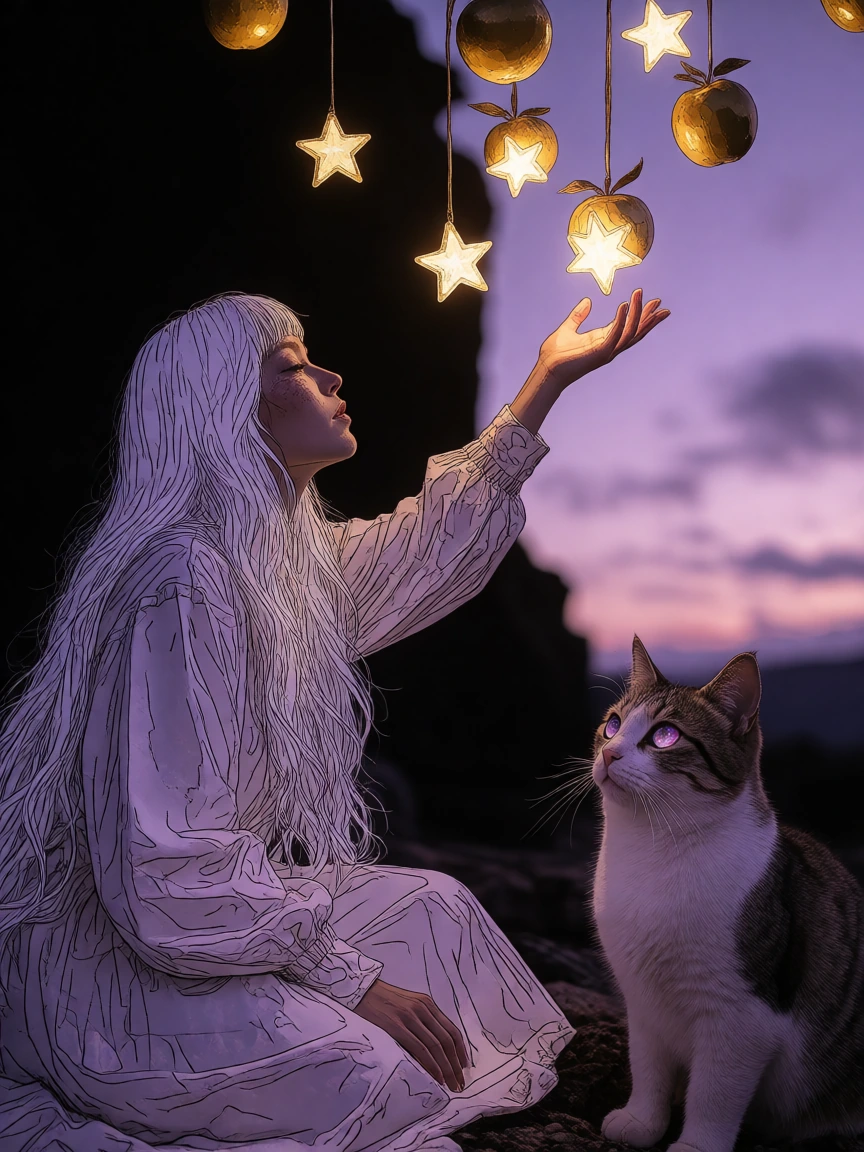 surreal mixed media artwork, a mystical woman with flowing white hair reaching into a twilight sky to harvest glowing falling stars that look like heavy golden fruit, a realistic cat with galaxy eyes watching intently, mysterious and pleasing atmosph