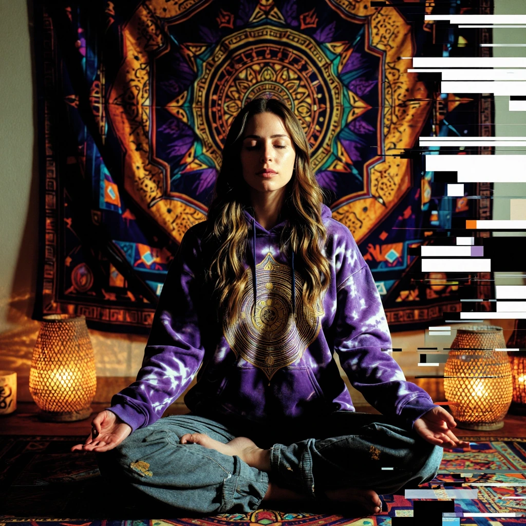 # Serene Meditation A woman sits cross-legged in peaceful repose, eyes gently closed in meditation. She wears a striking purple tie-dye hoodie adorned
