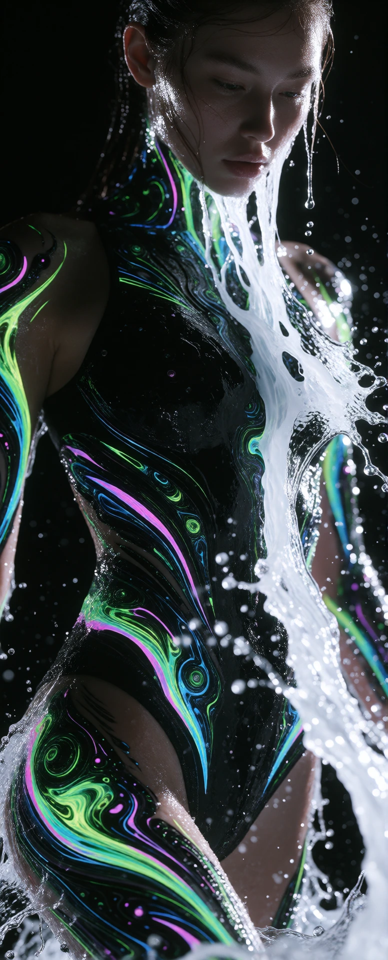 A hyper-detailed, cinematic masterwork of a striking human model standing gracefully in absolute pitch darkness, illuminated exclusively by intense, high-output ultraviolet black lights. The model is dressed in a sleek, form-fitting minimalist athlet