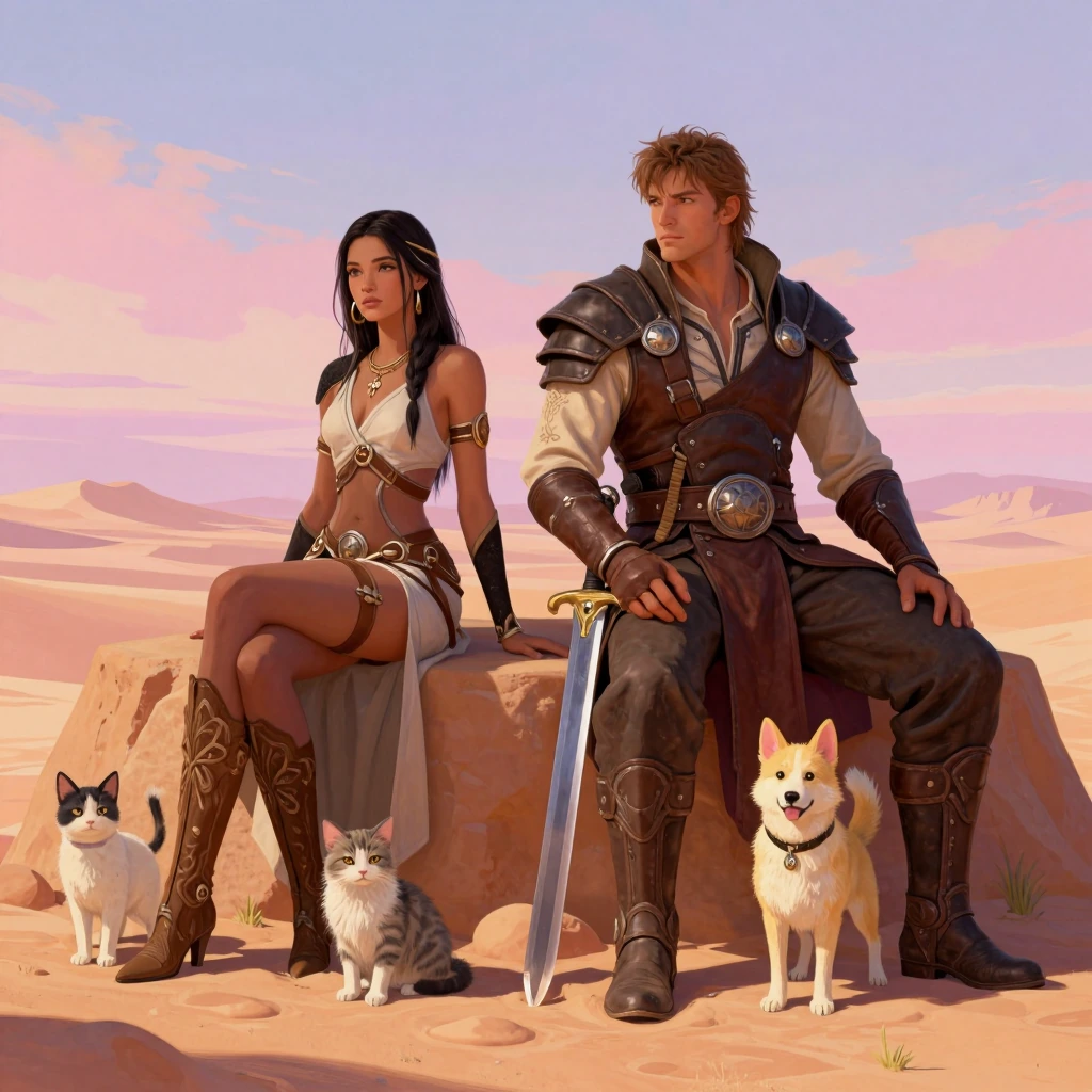 Beautiful pastel skies, desert Plateau, we see a beautiful woman warrior sitting with a man warrior who is dressed in leather armor with a big sword, they are with two cats and a dog, digital artwork, looks a bit like a video game. The desert is Crim