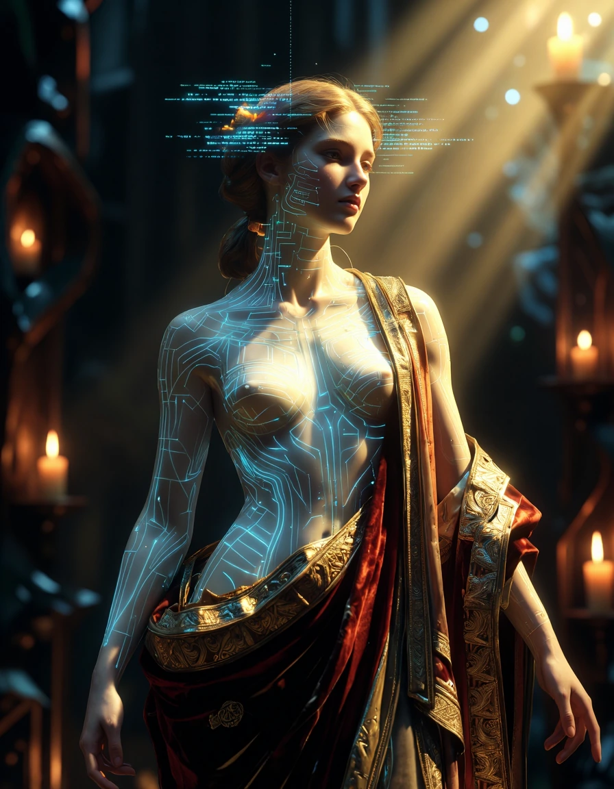 A majestic cybernetic soldier in High Renaissance style, inspired by Raphael and Michelangelo, ethereal female figure with marble-smooth skin traced by glowing blue neural tattoos shimmering with data streams, her head surrounded by cascading lines o