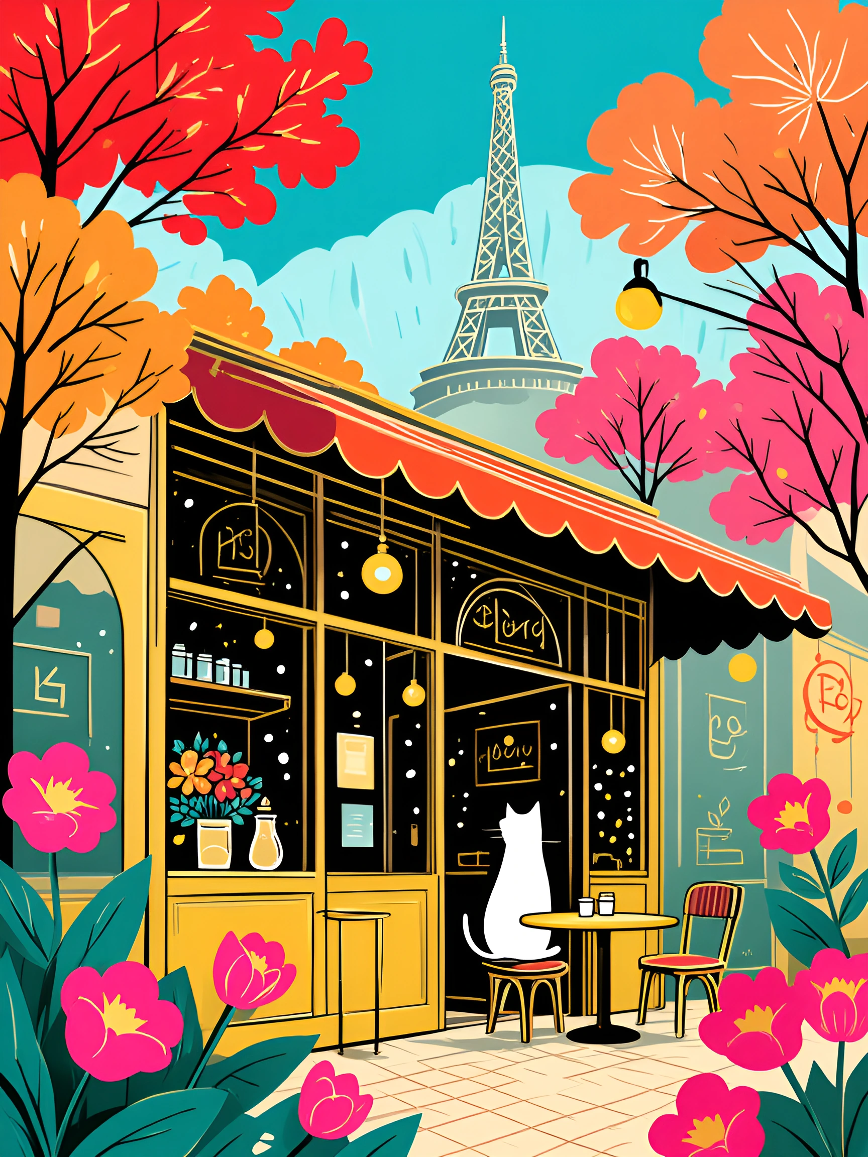 Flat illustration would be one wide brim, cat with a white cat at a morning cafΓ© in Paris. Colorful flowers, thick ink, outlines, folk art inspired.