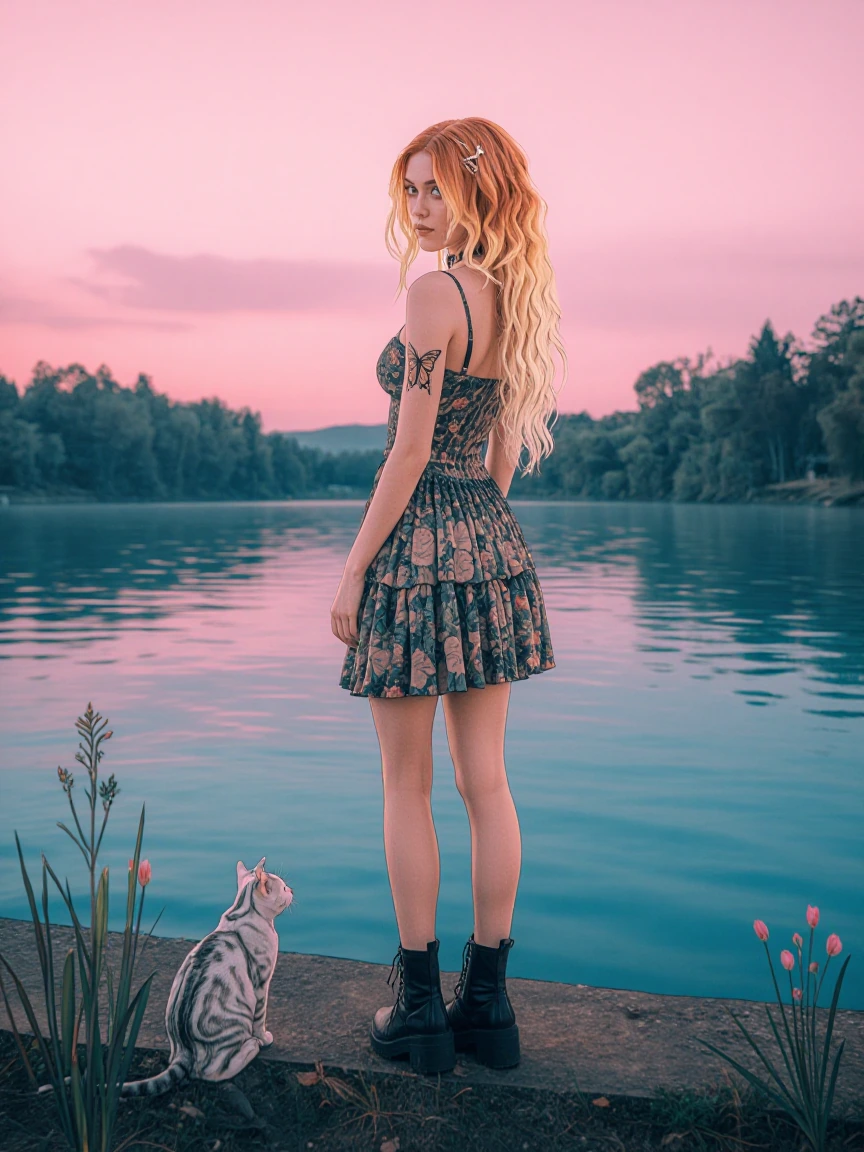 beautiful goth woman at the lake, minidress, with a cat, butterfly tattoo, pastel orange cream ombré hair, full body, beautiful pastel background, luminism, ink illustration, artsy