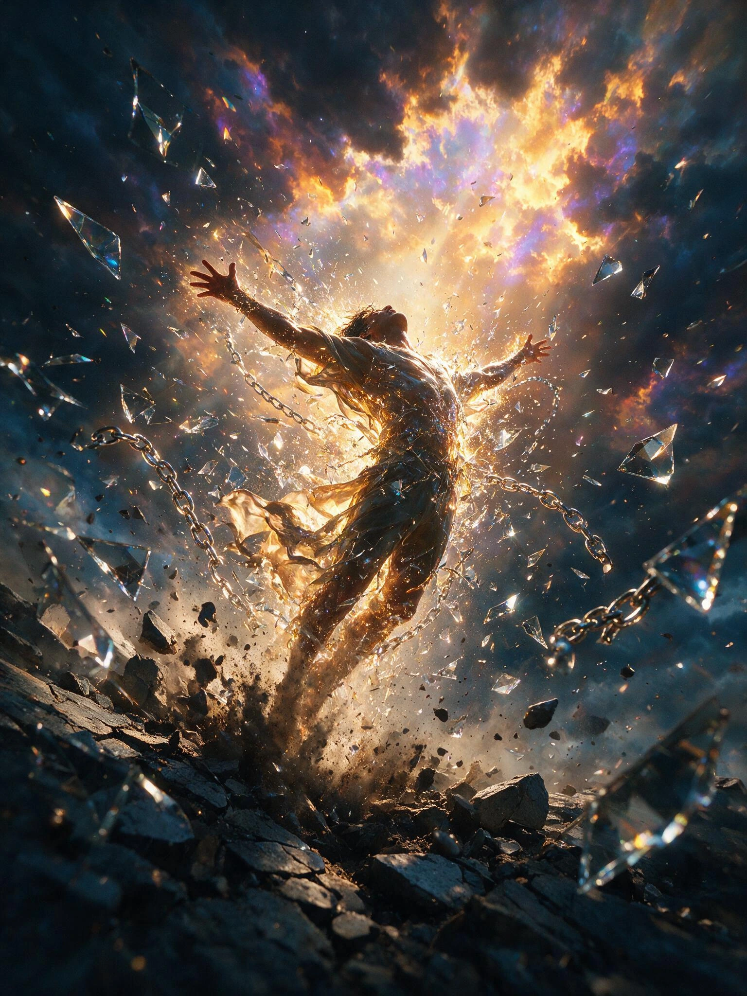 Capture a lone figure erupting upward through a shatter of crystalline glass and luminous chains, body arched in triumphant release, arms stretched wide against a vast storm-lit sky. Render the person mid-burst, fragments of broken restraints suspend