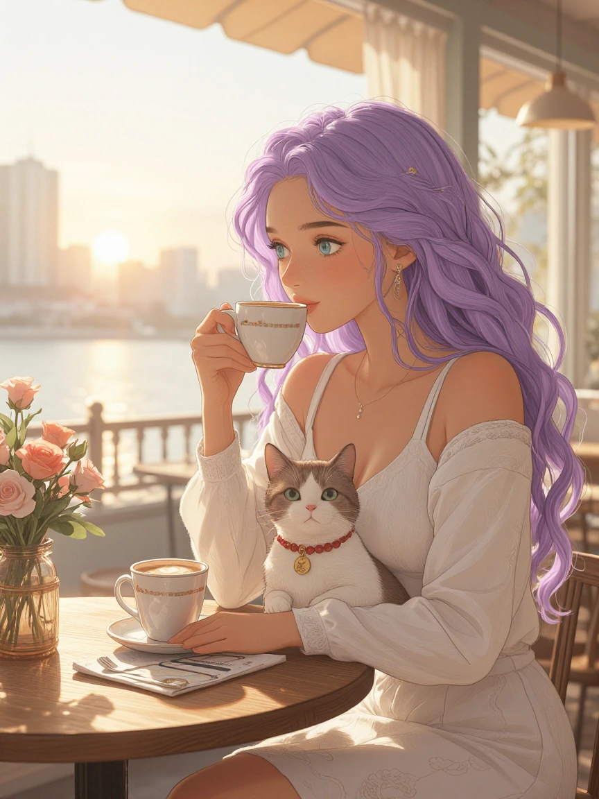 Glad illustration. Woman lavender hair with her cat and a cafΓ©. Outdoors. Sunrise. Flowers. Fancy coffee.