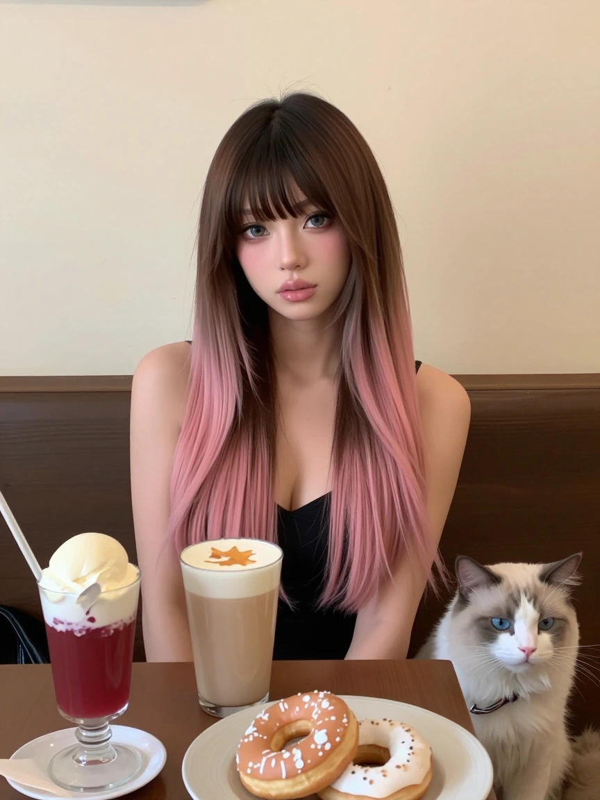 Woman, long straight, brown pink ombre hair with bangs, with a cat at a café, fancy drinks, ice cream, and donuts