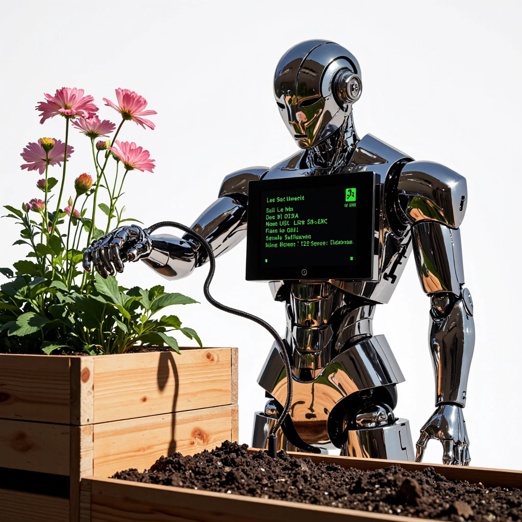 A polished chrome humanoid robot with minimalist angular features stands beside a wooden raised garden bed, one arm extended with a coiled USB-C cable plugged into the soil. Its torso displays a glowing rectangular LED screen showing live botanical d