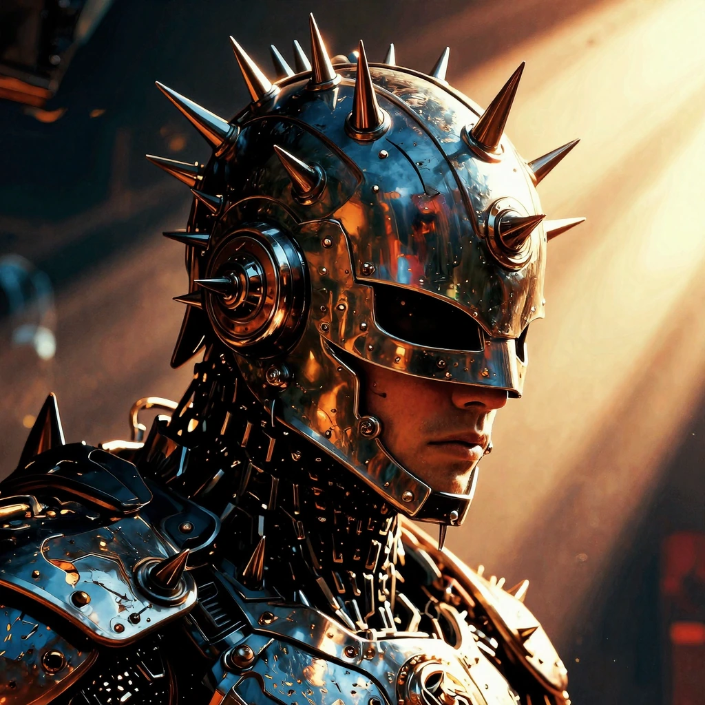 A man made from metal, spikes on his iron helmet