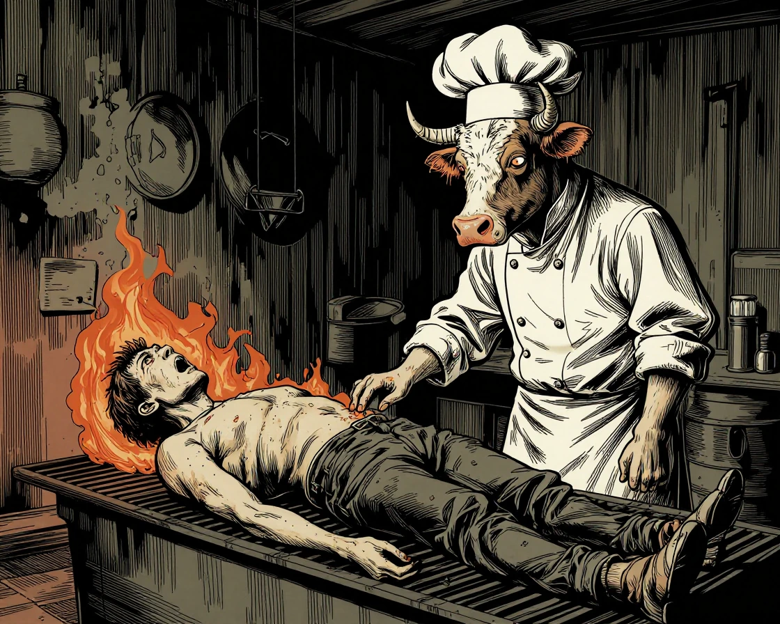 A humanoid cow in a chef's whites and toque stands before a smoking barrel grill, tending to a human figure splayed across the grates with casual indifference — rendered in the grotesque comic-horror style of 1980s underground comics, with thick blac