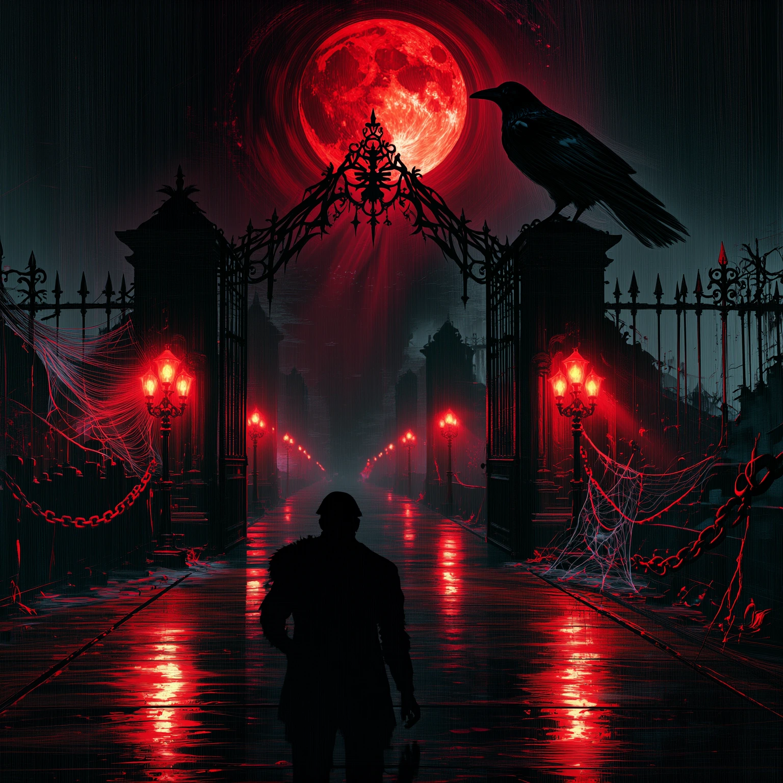 Cinematic dark fantasy photo. A wet, reflective pathway under a large copper-red blood moon at night. Spooky wrought-iron cemetery gates flank the path, with a large black raven perched on top. Red glowing lamps cast an eerie mist. Cobwebs and rusted