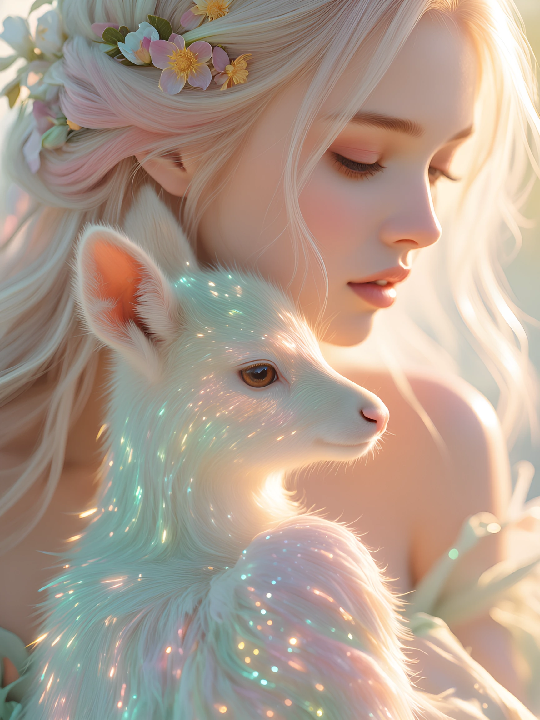 portrait of a woman with long platinum blonde hair woven with delicate spring flowers, soft pastel color palette of blush pink, mint green, and pale yellow. she's holding a young fawn with luminous, sparkly fur that glows with ethereal light, iridesc
