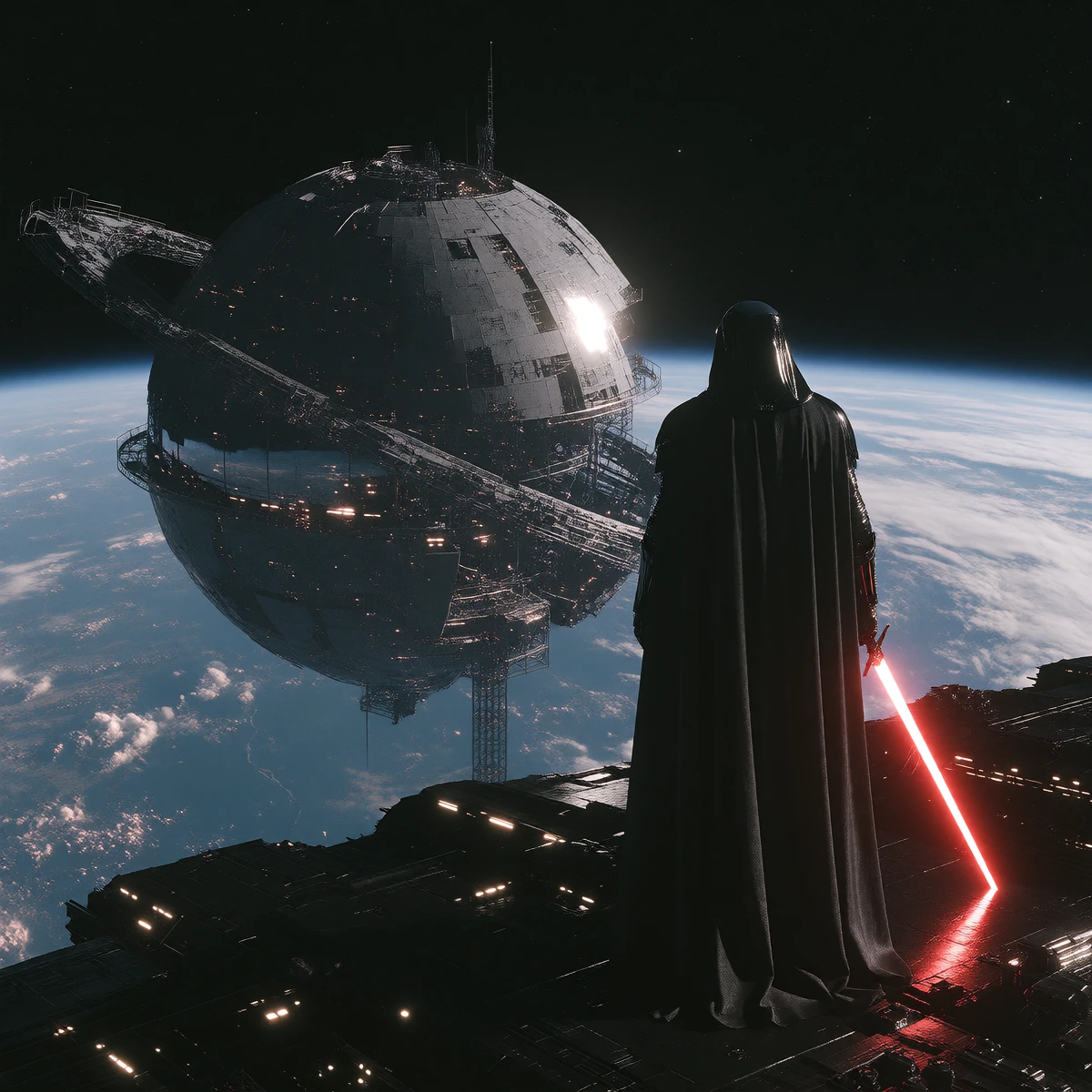 the inventor of the second moon; A Moon sized Orb shaped battle-station is being constructed in orbit around the Earth, A Sinister Figure dressed in sealed black armour wearing a black floor length cape and holding a neon red plasma sword watches the