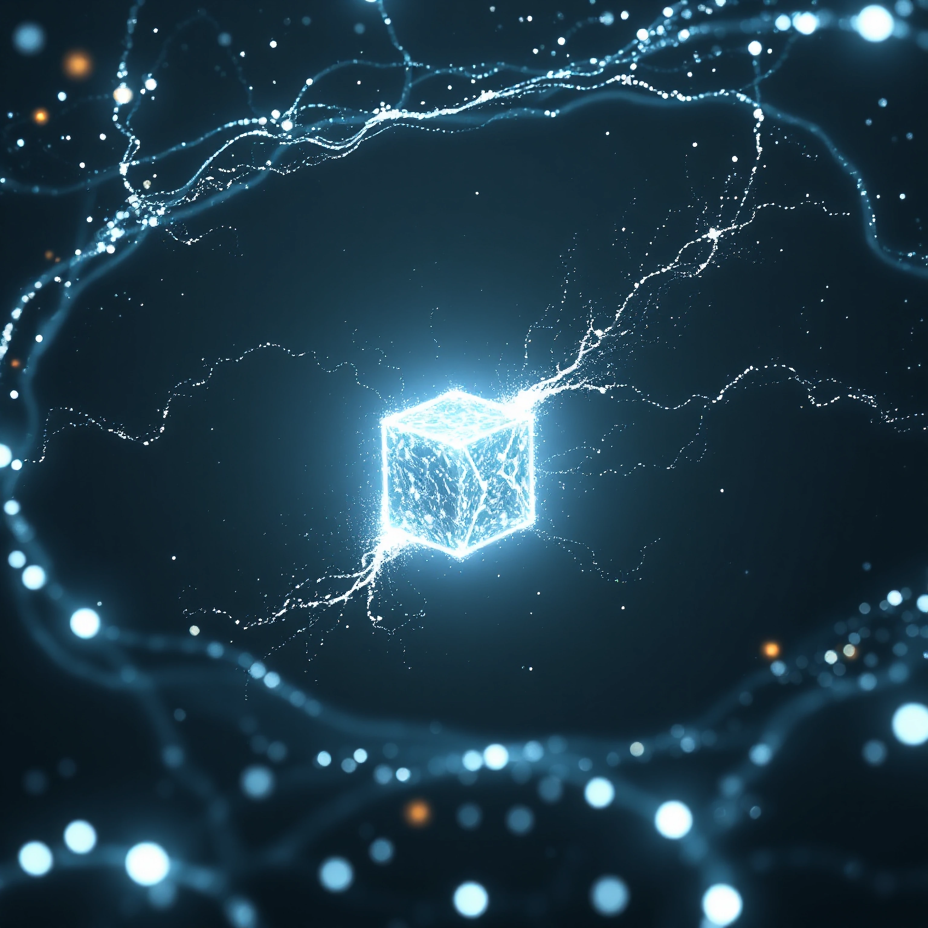 A solitary glowing box suspended in infinite darkness, surrounded by swirling streams of luminescent data particles and whispered light trails, 120 bi