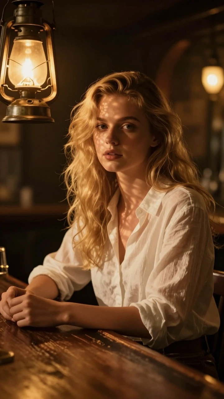 A young woman with long wavy blonde hair sits at a worn wooden bar in candlelit stillness—single source of warm light from a brass lantern casting deep shadows across her face and throat. She wears a crisp white linen shirt, sleeves rolled, unbuttone
