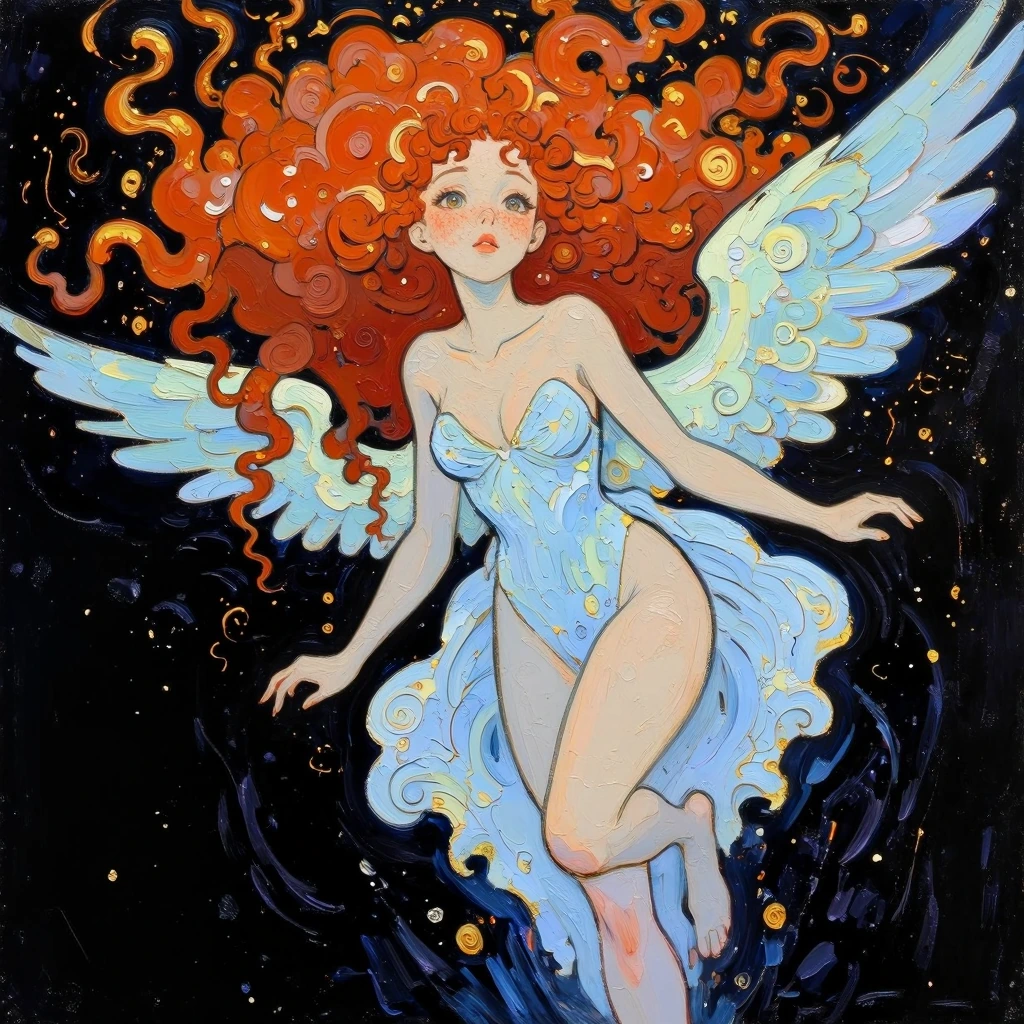 masterpiece, high_quality, highres, upper body view, looking at viewer, dynamic angle, 1girl, floating, curls, extreme long hair, ginger hair, confide
