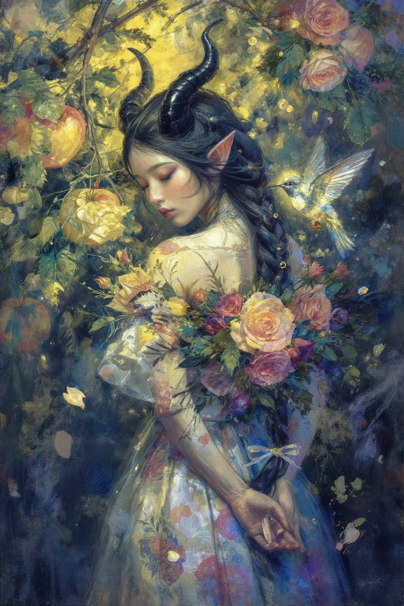A beautiful oni woman with smooth black horns and pointed ears, eyes closed in serene reverie, surrounded by layered roses and floating petals. Her braided hair woven with delicate rings, wearing a print dress with petticoat and ribbon footwear. A hu
