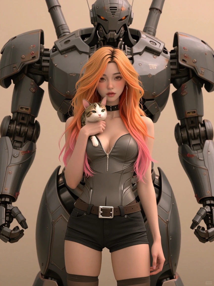 beautiful woman orange pink ombre hair, with a cat, standing in front of a large mech, beautiful pose, acid-washed metal